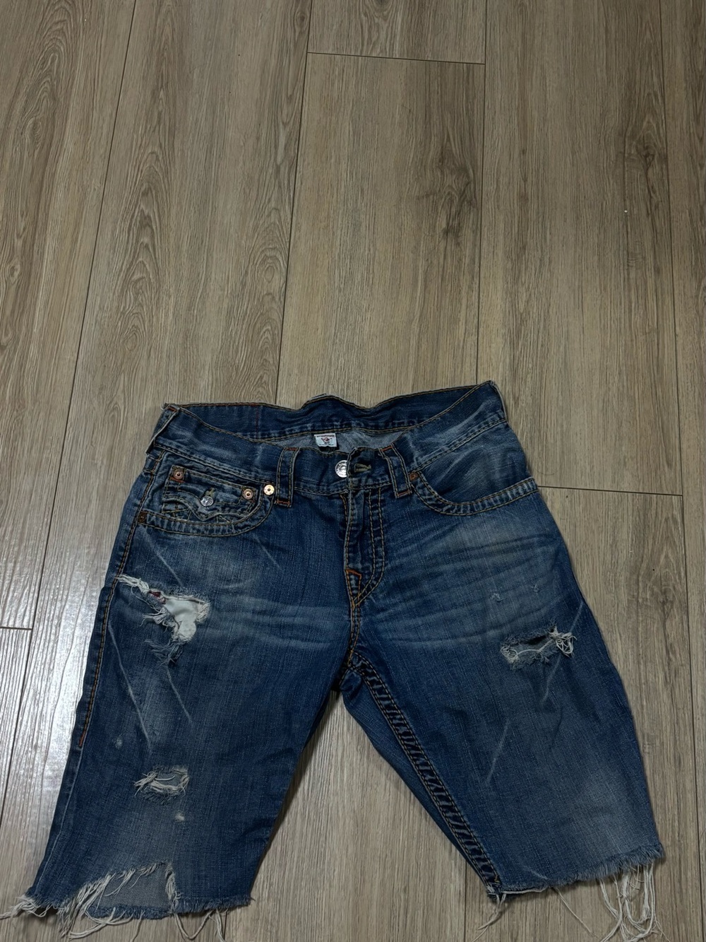 True Religion Distressed Dark Blue Women’s Boyfriend Jeans Shorts